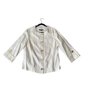 Jones New York Women's Collarless Button-Front Jacket White 100% Linen Size L